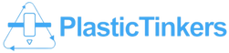 Logo of PlasticTinkers with a blue triangle and text